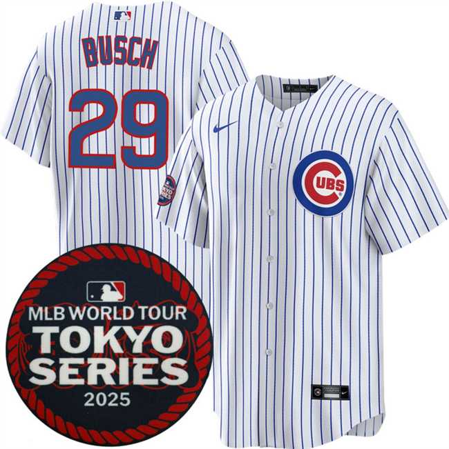 Men%27s Chicago Cubs #29 Michael Busch White 2025 World Tour Tokyo Series Home Stitched Jersey Dzhi->chicago cubs->MLB Jersey